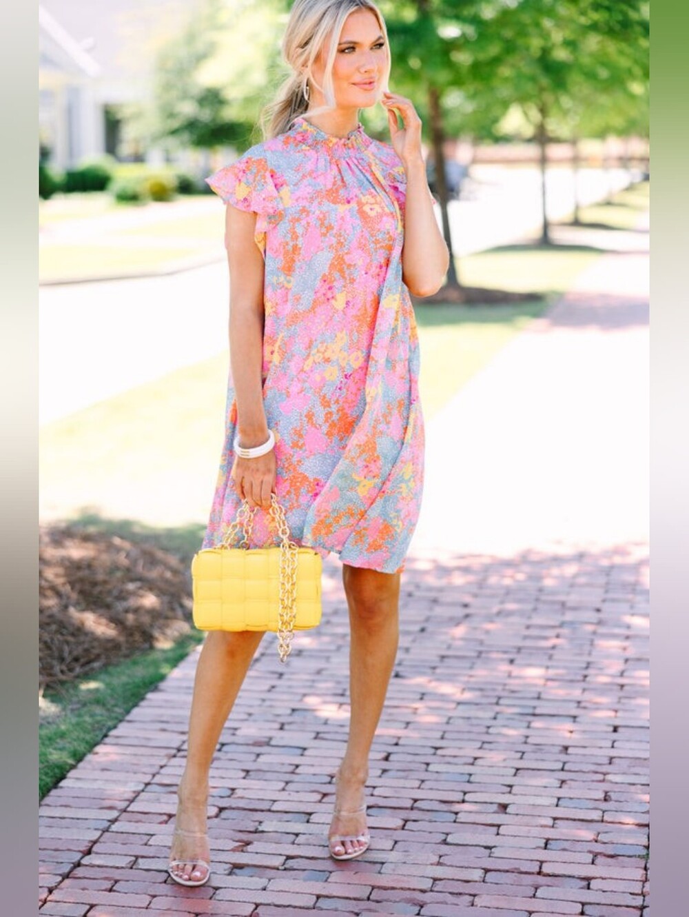 Umgee Pastel Pink Multi Floral Ruffle-Neck Mini Dress. Size Small